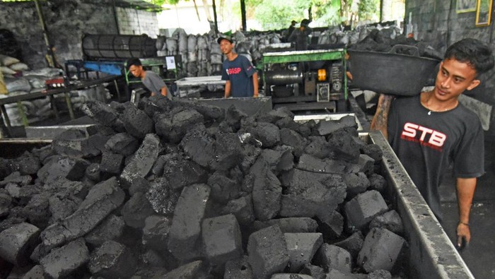 Pekerja menggiling arang batok kelapa untuk diekspor ke Arab Saudi di sentra pembuatan arang PT Harapan Agri Santosa (HAS) di Cigoong, Walantaka, Serang, Banten, Senin (4/12/2023). Menurut pengelola usaha, pihaknya mendapat order untuk mengekspor arang batok kelapa ke Arab Saudi sebanyak 41 ton per bulan untuk keperluan restoran, hotel, penghangat ruangan dan kegunaan lainnya. ANTARA FOTO/Asep Fathulrahman/aww.