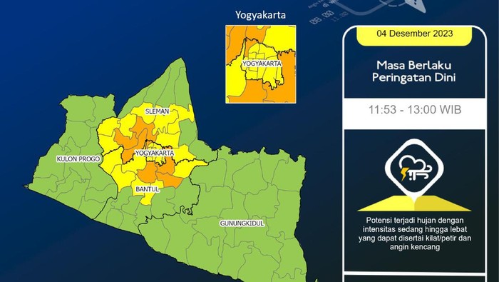 Peringatan dini cuaca di wilayah Jogja atau Daerah Istimewa Yogyakarta (DIY), Senin (4/12/2023) siang.