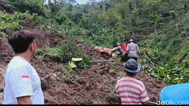 Anjing pelacak diterjunkan di lokasi tanah longsor di Kismantoro, Wonogiri, Selasa (5/12/2023).