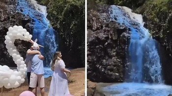 Hanya untuk mengumumkan jenis kelamin calon bayinya, pasangan ini malah bikin bikin air terjun menjadi warna biru. Foto: Boredpanda
