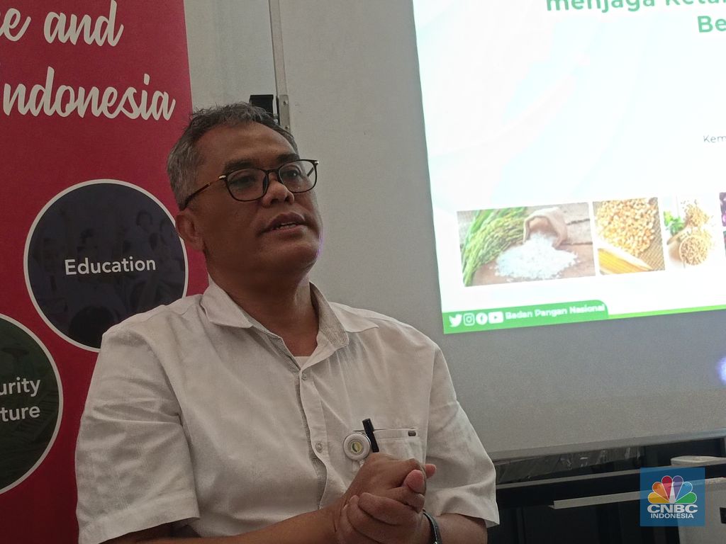 Direktur Ketersediaan Pangan Bapanas, Budi Waryanto dalam Press Briefing di Kantor Center for Indonesian Policy Studies (CIPS) di Jakarta, Selasa (5/12/2023).  (CNBC Indonesia/Martyasari Rizky)