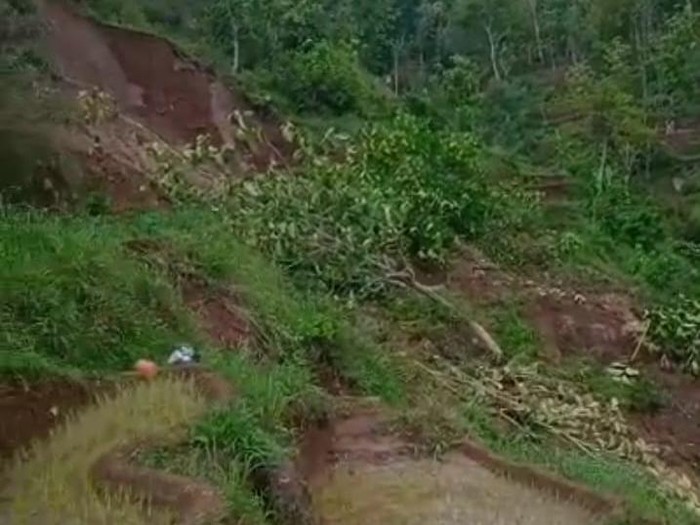 Lokasi tanah longsor di Dusun Jaten, Desa Ngroto, Kecamatan Kismantoro, Kabupaten Wonogiri, Selasa (5/12/2023).