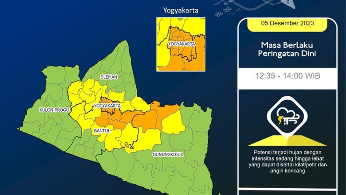 Peringatan dini cuaca Jogja, Selasa (5/12/2023) siang.