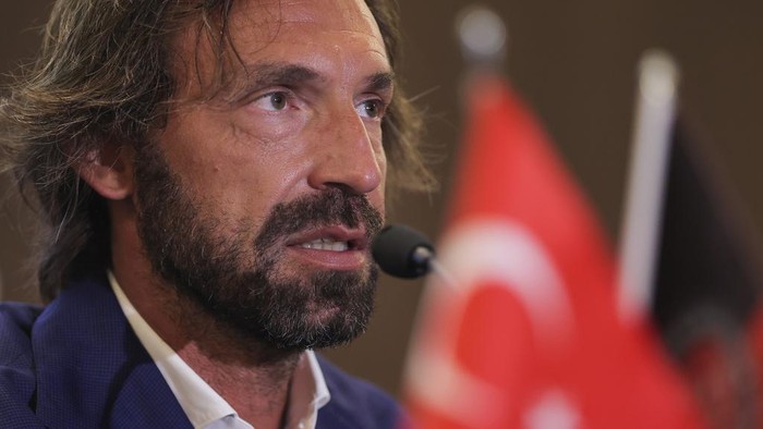 FILE - Andrea Pirlo talks to journalists in a news conference during an official presentation in Istanbul, Turkey, on June 13, 2022. Andrea Pirlo is returning to Italy as coach of Serie B club Sampdoria. Pirlo, who coached Turkish club Fatih Karagümrük last season, signed a two-year contract, Sampdoria announced Tuesday, June 27, 2023. Pirlo, the former midfield maestro who helped Italy to the 2006 World Cup title, began his coaching career at Juventus but lasted just one disappointing season with the Bianconeri. (AP Photo)