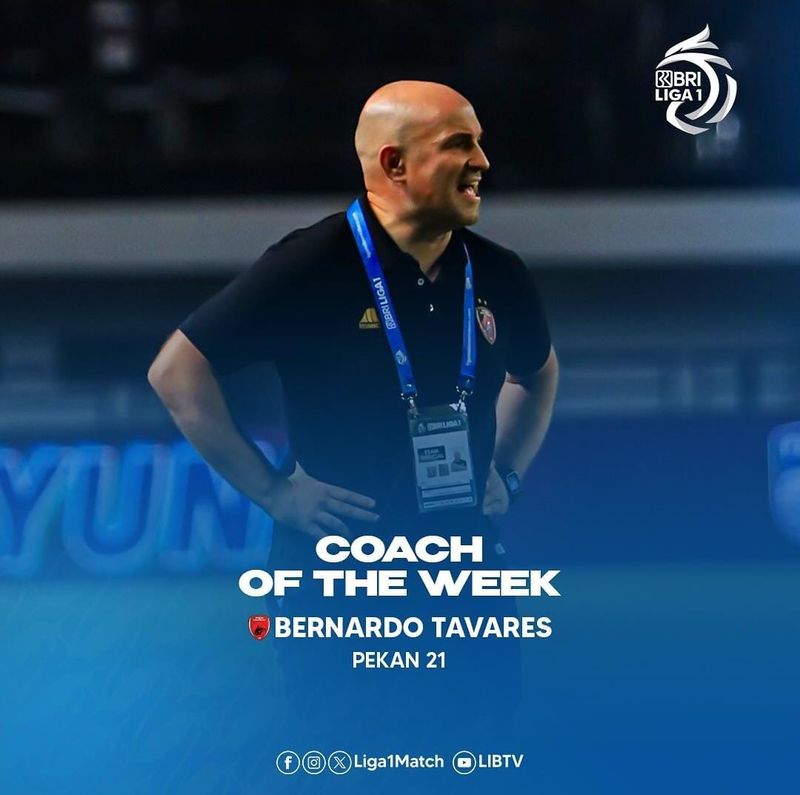 Pelatih PSM Makassar Bernardo Tavares terpilih menjadi pelatih terbaik Liga 1 pekan ke-21.