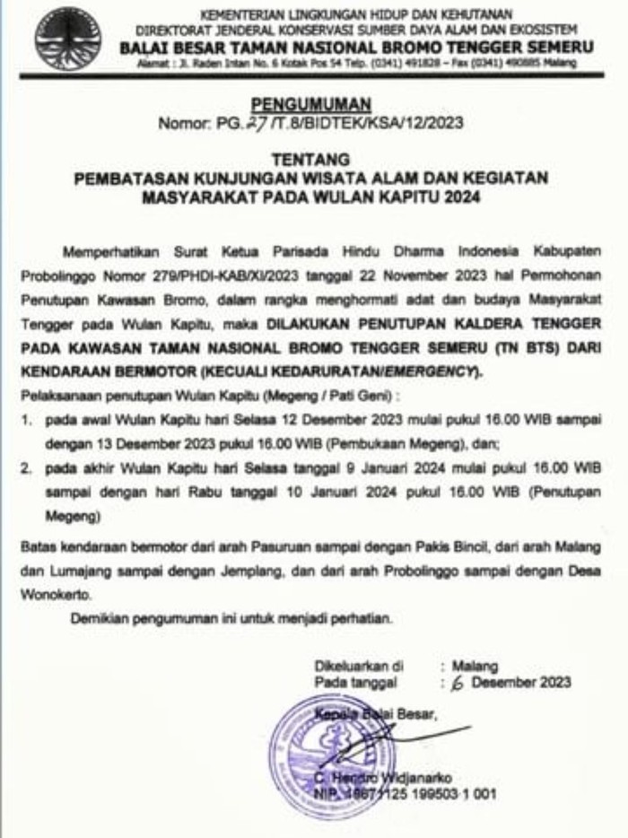 Akses Kendaraan ke Bromo Dibatasi Hormati Wulan Kapitu