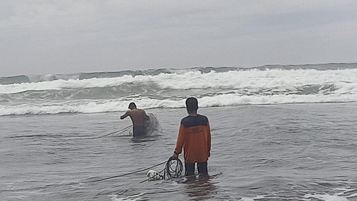 Anggota SAR Satlinmas Rescue Istimewa Wilayah III Parangtritis melakukan pencarian terhadap satu wisatawan yang tenggelam di Pantai Parangtritis, Kamis (7/12/2023).
