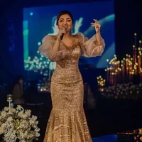 Jadi pengisi acara di salah satu pesta pernikahan, Ashanty memilih mengenakan dress model duyung dengan potongan lengan balon berwarna gold. Untuk mempercantik penampilannya Ashanty juga mengenakan beberapa aksesori penunjang seperti gelang, cincin, dan anting yang menjuntai di kedua telinganya. Foto: Instagram/@ashanty_ash