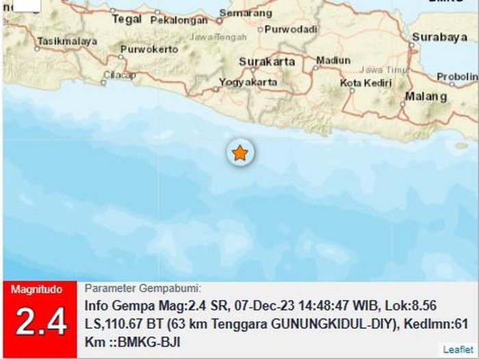Gempa M 2,4 di Gunungkidul sore ini, Kamis (7/12/2023).