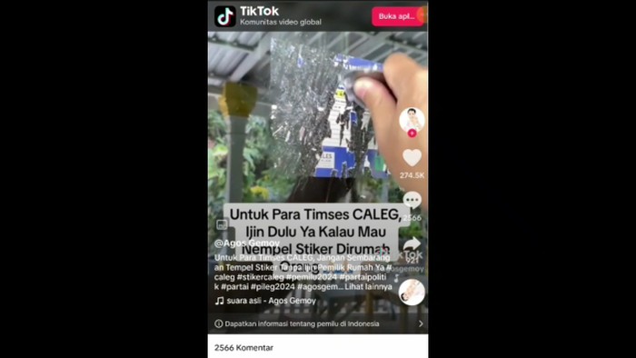 Video @agosgemoy yang viral mengelupas stiker caleg yang ditempel tanpa izin di rumahnya lalu kena somasi.