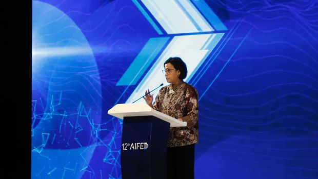 Menteri Keuangan, Sri Mulyani memberikan sambutan saat pembukaan seminar internasional Annual International Forum on Economic Development and Public Policy (AIFED) yang ke-12 di Nusa Dua, Bali, 6-7 Desember 2023. (Dok. Kemekeu)
