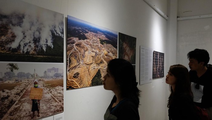Pengunjung mengamati karya foto jurnalistik saat Pameran Kisah Rimba di Gedung Dharma Negara Alaya, Denpasar, Bali, Jumat (8/12/2023). Kegiatan yang digelar oleh Pulitzer Center berkolaborasi dengan Galeri Foto Jurnalistik Antara (GFJA) dan sejumlah seniman tersebut menampilkan 48 karya seni berupa lukisan, karikatur, mural, dan foto jurnalistik dengan mengangkat berbagai isu mengenai hutan yang berlangsung pada 8-14 Desember 2023. ANTARA FOTO/Nyoman Hendra Wibowo/foc.
