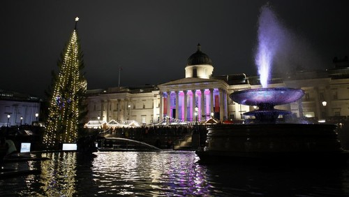 A view of the Trafalgar Square Christmas tree following its annual lighting ceremony in London, Thursday, Dec. 7, 2023. The 25-metre-high tree from the people of Norway is a gift of thanks for Britains support to Norway during World War II. (AP Photo/David Cliff)