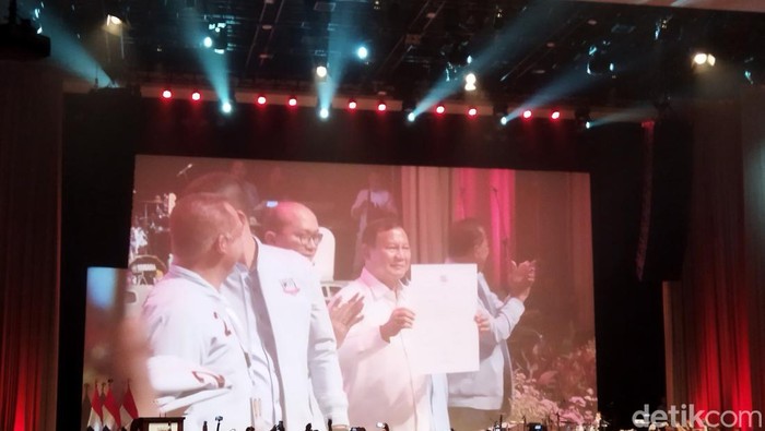 Prabowo Subianto hadiri deklarasi dukungan Relawan Pedagang Indonesia Maju (Rapim) ke Prabowo-Gibran (Kurniawan Fadilah/detikcom)