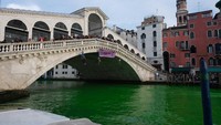 Para pengunjuk rasa membuang fluorescein ke dalam Grand Canal yang terkenal sehingga airnya menjadi hijau.
