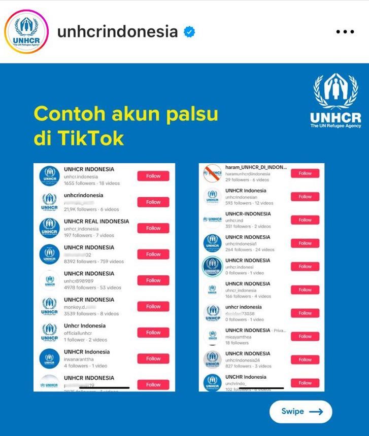 Akun-akun palsu UNHCR Indonesia. (Tangkapan layar akun Instagram asli UNHCR Indonesia)