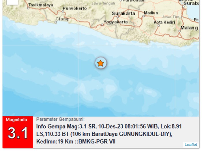 Gempa M 3,1 goyang perairan Gunungkidul, Minggu (10/12/2023).