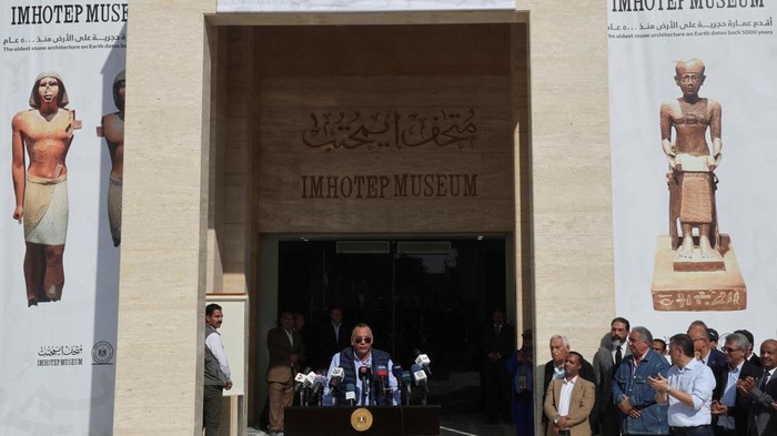 Mostafa Waziri, secretary-general of Egypt's Supreme Council of Antiquities talks to media next to members of the Ministry of Tourism and Antiquities Cordially during the reopening of the Imhotep Museum after the completion of its development at Egypt's Saqqara necropolis, in Giza, Egypt December 3, 2023. REUTERS/Amr Abdallah Dalsh