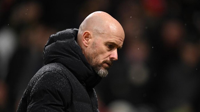 Manchester Uniteds Dutch manager Erik ten Hag leaves at half-time in the English Premier League football match between Manchester United and Bournemouth at Old Trafford in Manchester, north west England, on December 9, 2023. (Photo by Oli SCARFF / AFP) / RESTRICTED TO EDITORIAL USE. No use with unauthorized audio, video, data, fixture lists, club/league logos or live services. Online in-match use limited to 120 images. An additional 40 images may be used in extra time. No video emulation. Social media in-match use limited to 120 images. An additional 40 images may be used in extra time. No use in betting publications, games or single club/league/player publications. /
