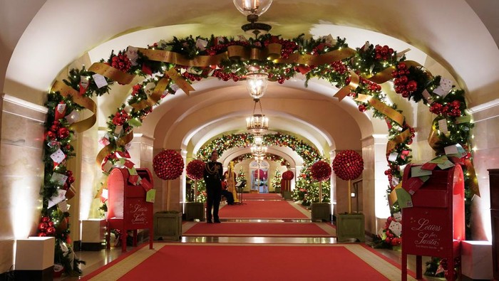 Decorations adorn the Center Hall during a media preview of the 