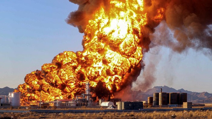 Smoke rises at an oil refinery in Birjand, Iran, December 10, 2023. Mohsen Noferesti/IRNA/WANA (West Asia News Agency) Handout via REUTERS ATTENTION EDITORS - THIS PICTURE WAS PROVIDED BY A THIRD PARTY.