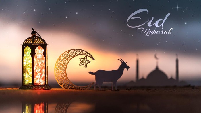 Eid Mubarak creative new poster design, crescent moon shape an goat with traditional lantern lamp, Eid Al Adha background 2023