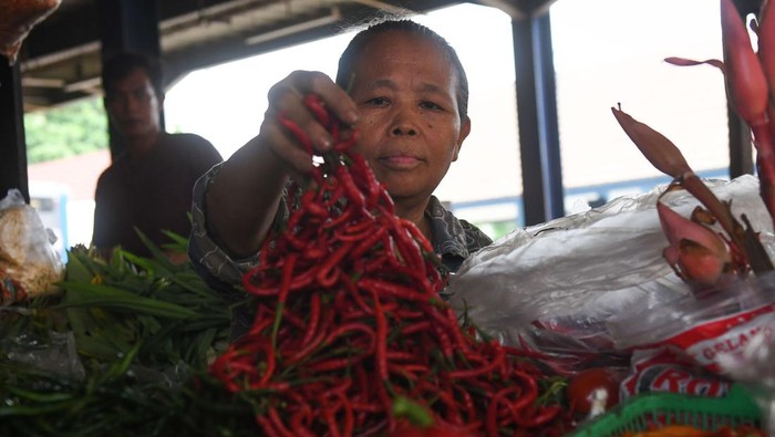 Pedagang menata cabaimerah di salah satu lapak di Pasar Tradisional Pasar Minggu, Jakarta, Selasa (12/12/2023). Sejumlah pedagang setempat menyebutkan harga sejumlah jenis cabai mengalami kenaikan rata-rata Rp20.000 per kilogram karena dipicu permintaan meningkat menjelang Hari Raya Natal 2023 dan Tahun Baru 2024.