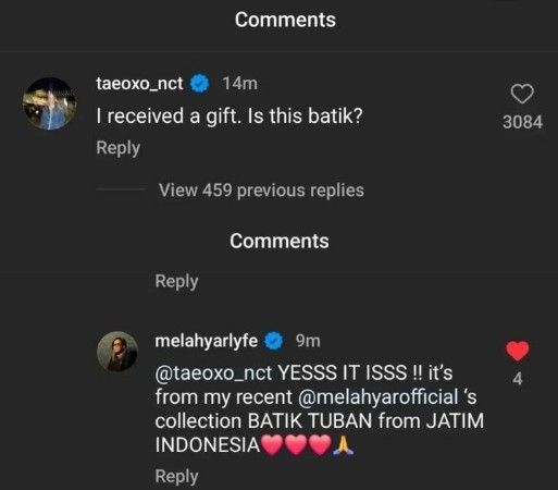 Kolom komentar Instagram Taeyong NCT soal dirinya memakai batik Tuban.