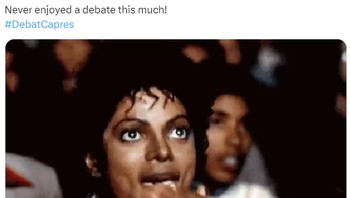 Meme Michael Jackson untuk serunya netizen menonton debat pertama Capres untuk Pilpres 2024. Foto: Twitter