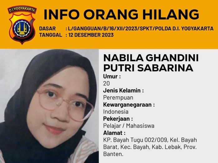 Nabila Ghandini, Mahasiswi 20 Tahun Asal Banten Dilaporkan Hilang