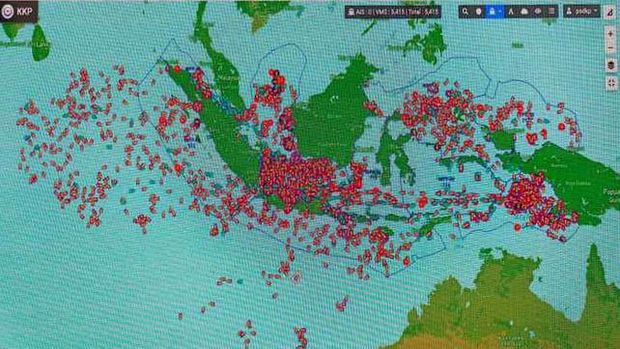 Penampakan kapal nelayan Indonesia menyerbu Australia dari command center milik KKP. (CNBC Indonesia/Martyasari Rizky)