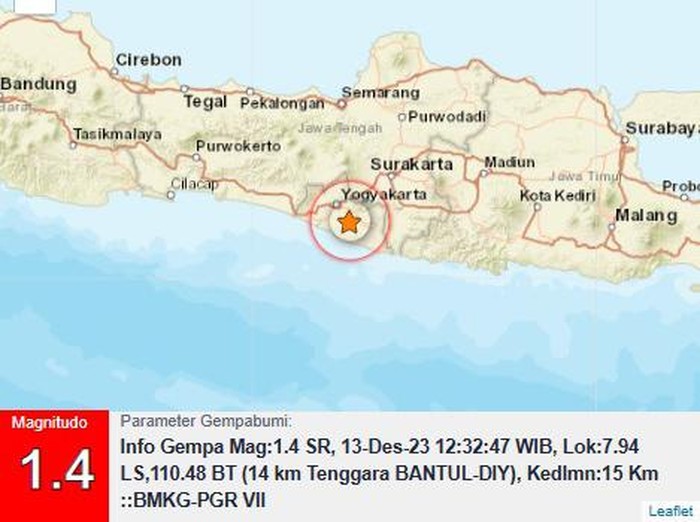 Gempa M 1,4 terjadi di daratan Bantul, Rabu (13/12/2023).