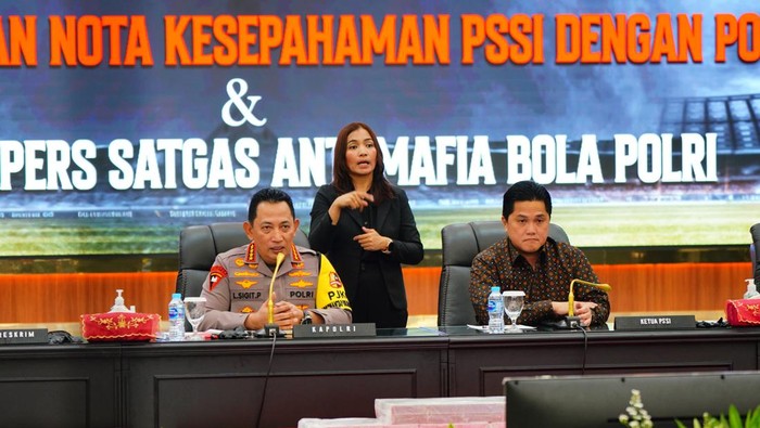 Konferensi pers mafia bola di Mabes Polri, Jalan Trunojoyo, Kebayoran Baru, Jakarta Selatan, Rabu (14/12/2023).