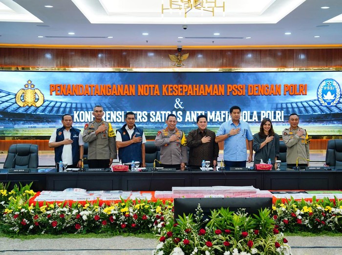Konferensi pers mafia bola di Mabes Polri, Jalan Trunojoyo, Kebayoran Baru, Jakarta Selatan, Rabu (14/12/2023).