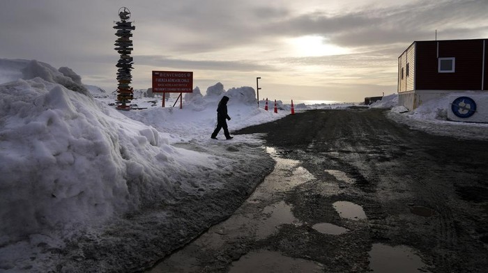Bingkai Sepekan: Bumi Makin Panas, Penghuni Perlu Was-was Penguins stand near the Chilean O'Higgins base in Antarctica, Friday, Nov. 24, 2023. (AP Photo/Jorge Saenz)