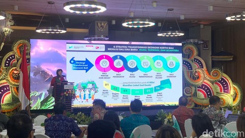 Deputi Bidang Ekonomi Kementerian PPN/Bappenas Amalia Adininggar Widyasanti saat memberi sambutan di acara seminar Bali Kerthi Development Fund di Sanur, Denpasar, Jumat (15/12/2023). (Foto: Rizki Setyo Samudero/detikBali)