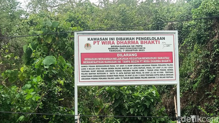 Papan peringatan di kawasan KPH Bali Barat yang bakal dibangun fasilitas wisata, difoto Jumat (15/12/2023). (I Putu Adi Budiastrawan/detikBali).