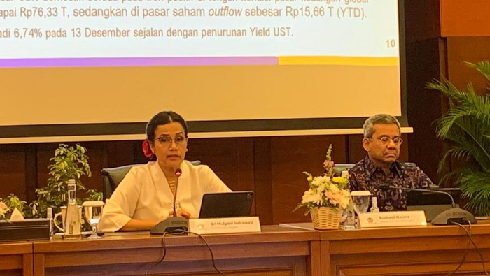 Menkeu Sri Mulyani dalam konferensi pers APBN KiTA di kantornya, Jakarta Pusat, Jumat (15/12/2023).