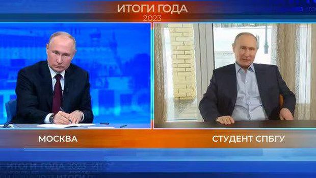 Russian President Vladimir Putin (left) during his annual news conference.(RT)