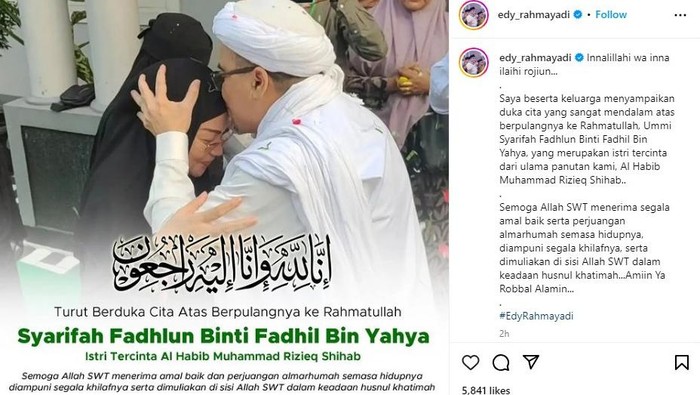 Mantan Gubernur Sumut Edy Rahmayadi menyampaikan ucapan bela sungkawa atas meninggalnya Istri Al Habib Muhammad Rizieq Shihab. (IG edy_rahmayadi)