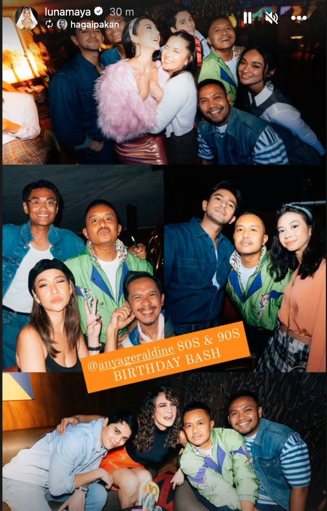 Para tamu undangan yang hadir tampak berpose bersama. Terlihat rekan-rekan artis seperti BCL, Yuki Kato, Omar Daniel, Maxime Bouttier, dan beberapa lainnya ikut haadir memeriahkan acara ulang tahun Anya. Foto: Instagram/@lunamaya