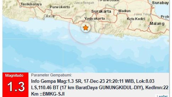 Gempa bumi magnitudo (M) 1,3 di Gunungkidul, Minggu (17/12/2023) malam.