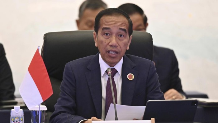 Indonesias President Joko Widodo speaks during the opening session of the ASEAN-Japan Commemorative Summit Meeting at the Hotel Okura Tokyo in Tokyo Sunday, Dec. 17, 2023. (Kazuhiro Nogi/Pool Photo via AP)