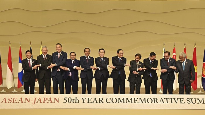 Japan ASEAN Indonesia's President Joko Widodo speaks during the opening session of the ASEAN-Japan Commemorative Summit Meeting at the Hotel Okura Tokyo in Tokyo Sunday, Dec. 17, 2023. (Kazuhiro Nogi/Pool Photo via AP)