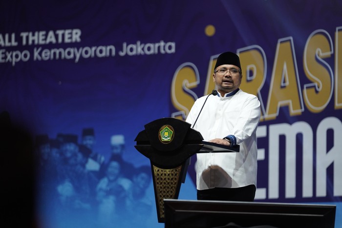 Menag Yaqut Cholil Qoumas saat berbicara di Sarasehan Peningkatan Kemandirian Pesantren di JI Expo, Kemayoran, Jakarta Pusat, Sabtu (16/12/2023).