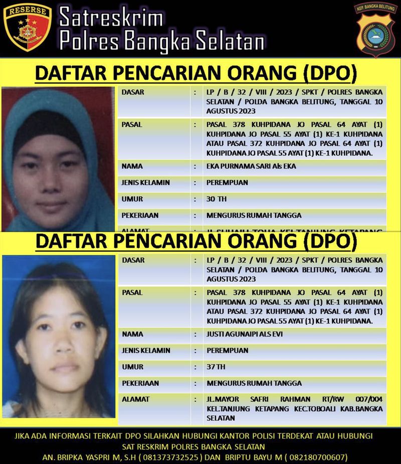 Dua IRT Bangka Selatan DPO arisan bodong.