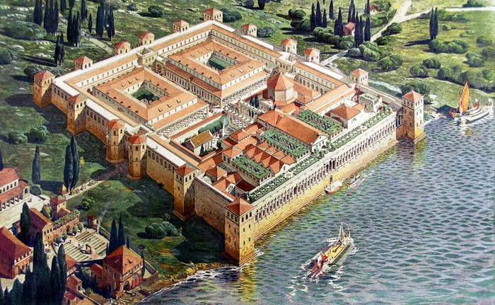 Ilustrasi Istana Kaisar Romawi Diokletianius di awal berdirinya di Split, Kroasia.