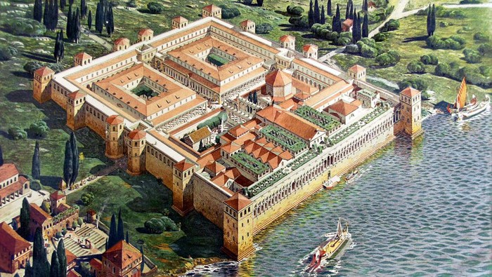 Ilustrasi Istana Kaisar Romawi Diokletianius di awal berdirinya di Split, Kroasia.