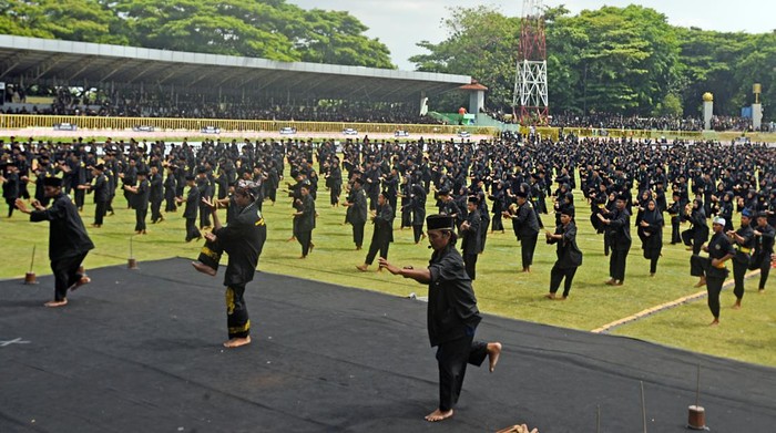 Sejumlah pesilat mengikuti atraksi pencak silat jurus Tapak Karuhun Banten di Serang, Minggu (17/12/2023). Sebanyak 4.500 pesilat mengikuti pemecahan rekor MURI (Museum Rekor Indonesia) untuk memainkan jurus silat Tapak Karuhun terbanyak guna melestarikan seni bela diri warisan leluhur Indonesia. ANTARA FOTO/Asep Fathulrahman/aww.