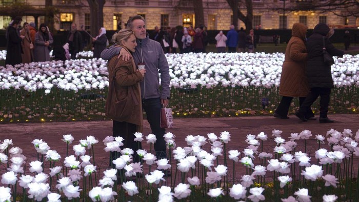 People take photos of illuminated white roses in an installation dubbed the Ever After Garden in London's Grosvenor Square, Friday, Dec. 15, 2023. Visitors can donate to dedicate a rose to the memory of a departed loved one and support the Royal Marsden Cancer Charity. (AP Photo/Vadim Ghirda)